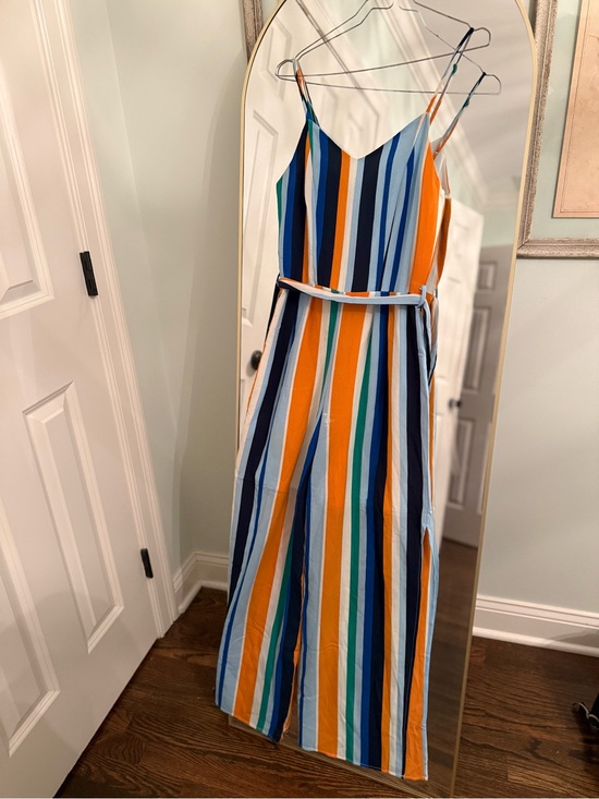 Monteau Pants - Monteau Striped Spaghetti-Strap Jumpsuit in Blue, Orange & Green
